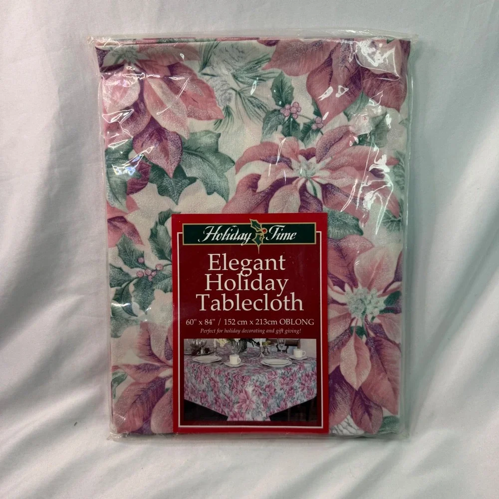 Holiday Time Poinsettia Floral Tablecloth 60x84 Oblong Pink White Christmas New